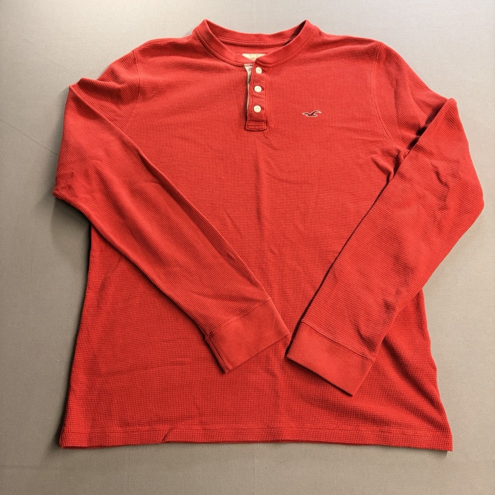 Hollister Mens XL Red Waffle Knit Thermal Henley Long Sleeve Shirt Y2K
